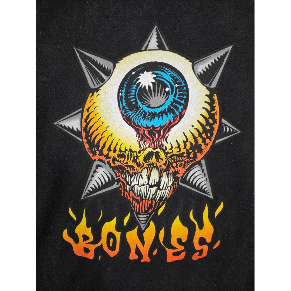 Bones Mens Large Black Graphic Hoodie Monster Eyeball Spikes Tattoo Skate Y2K